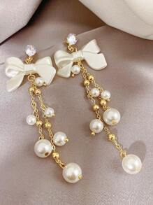 一对时尚复古蝴蝶结吊坠水钻仿珍珠耳环，奢华而温柔的耳环风格，适合女性日常生活、旅行、约会、餐饮派对、海滩度假、返校季节、毕业季节佩戴、节日礼物和派对礼物。情人节、妈妈、母亲、母亲节、礼物 - 彩色 - 查看 8