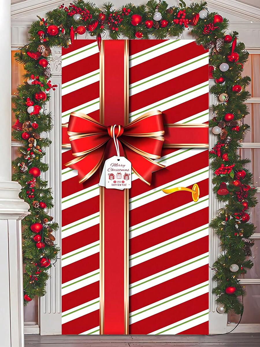 1 pieza Decoración de puerta navideña Caja de regalo con lazo Fondo para decoración de fiesta en interiores y exteriores, decoración del hogar (Rojo) Decoración navideña dulce para el hogar, pancarta colgante de puerta navideña, fondo adecuado para la puerta principal, decoración de cumpleaños, Año Nuevo y Navidad - Multicolor - Ver 1