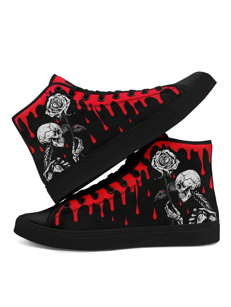 Gothic Skull Print Plus Size Men's Canvas Sneakers, Comfortable Non-Slip Lace-Up Shoes Suitable For Men's Outdoor Activities