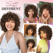 Pelucas cortas rizadas para mujer, peluca sintética de cabello afro rizado y rizado con flequillo, color negro / marrón / rubio miel degradado, fibra resistente al calor, peluca rizada corta con muelles para uso diario, peluca rizada y afro para mujer, para cosplay y fiestas