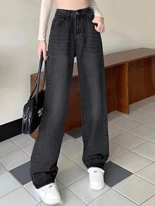 女士休闲宽松口袋阔腿牛仔裤