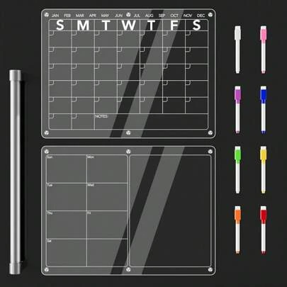 Monthly And Weekly Dry Erase Board Set, Acrylic Magnetic Calendar For Fridge, Memo Board, Meal Planner, Shopping List, Menu Board For Kitchen
