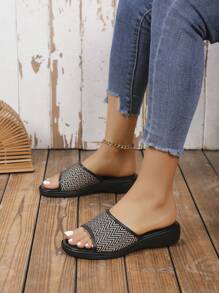Women's Solid Color Round Toe Black Wavy Pattern Flat Slide Sandals Slip-On Outdoor Casual Fashion Slippers