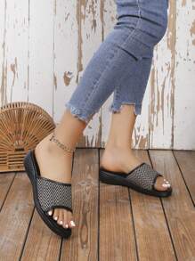 Women's Solid Color Round Toe Black Wavy Pattern Flat Slide Sandals Slip-On Outdoor Casual Fashion Slippers