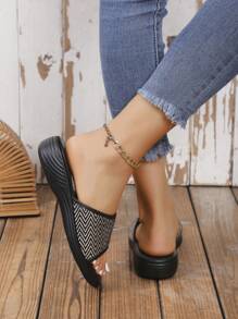 Women's Solid Color Round Toe Black Wavy Pattern Flat Slide Sandals Slip-On Outdoor Casual Fashion Slippers