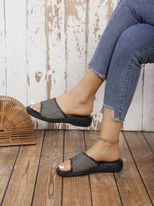 Women's Solid Color Round Toe Black Wavy Pattern Flat Slide Sandals Slip-On Outdoor Casual Fashion Slippers