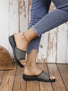 Women's Solid Color Round Toe Black Wavy Pattern Flat Slide Sandals Slip-On Outdoor Casual Fashion Slippers