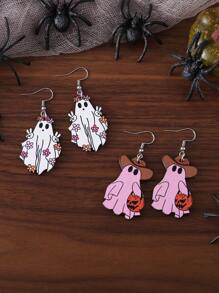 Vintage Western Cowgirl Double-Sided Ghost Pumpkin Floral Halloween Earrings, Wooden Material, Halloween Party Favors For Women