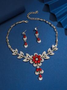 3pcs Women's Necklace & Earrings Set, Beautiful Flower Design Studded With Water Rhinestones, Black Water Droplet Tassel Necklace, Elegant & Exquisite Collarbone Chain, Shiny Party Gift Valentines,Mom,Mother,Mother's Day,Gift