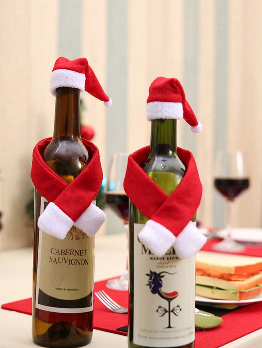 2pcs/20pcs Christmas Red Wine Bottle Decorative Hat, Party Red Wine Bottle Scarf Hat, Christmas Wine Bottle Cover