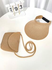 1 set Cappello di paglia a tesa larga beige bohémien estivo e borsa a tracolla in paglia per donna, cappello da sole fashion casual pieghevole per viaggi, spiaggia e attività all'aperto - Multicolore - Visualizzare 2