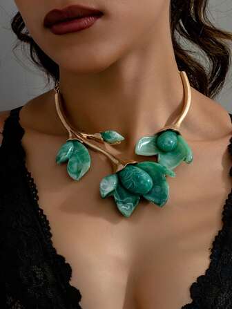 1 件复古波西米亚风夸张金属绿木兰花优雅树脂花卉项链情人节、妈妈、母亲、母亲节、礼物