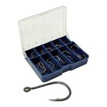 1 caja 50 piezas juego de anzuelos de pesca, tamaños 3#-12#, compartimentos pequeños, anzuelo de círculo de mango largo, anzuelo de cuatro puntas, anzuelo de círculo de mango largo, anzuelo de mango recto, anzuelo de pesca con púa, accesorios de pesca - Ver 1