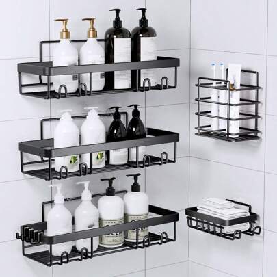 5 Packs Shower Caddy, Bathroom Rug,Bathroom Runner,Bathroom Shower Organizers, Black Shower Shelves For Inside Shower With Soap Caddy & Toothbrush Holder, Stainless Steel Wall Rack Baskets Adhesives Mounted Home Bathroom Decor Bathroom Organizer Fall Decor Back To School Bathroom Accessories