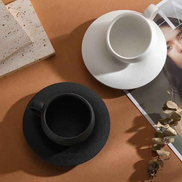 1 Set 110ml/3.7oz (Small,Pay Attention To The Size)Volcanic Stone Ceramic Coffee Cup And Saucer Pure White Glaze Simple Coffee Mug Home Office Afternoon Coffee Cups And Saucers Back To School
