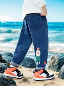 Tween Boys' Cartoon Character Printed Patch Pocket Wide-Leg Casual Jeans