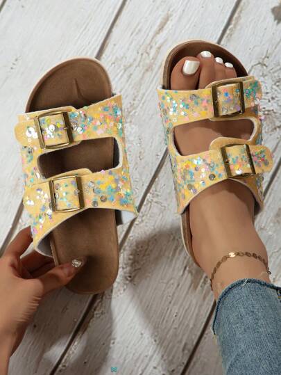 Tălpi de pantofi cu toc pană, cu strat dublu, gros, rezistente la alunecare, rezistente la uzură, sandale pentru fete cu cataramă retro, cu decorațiuni cu stras și perle de calcar, strălucitoare și elegante pentru vacanța de vară la plajă