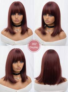 1-Piece Synthetic Heat Resistant Straight Hair With Bangs Wig Red 14  Inch Fully Machine Woven Daily Natural Realistic Wig