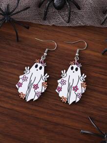 Vintage Western Cowgirl Double-Sided Ghost Pumpkin Floral Halloween Earrings, Wooden Material, Halloween Party Favors For Women