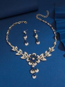 3pcs Women's Necklace & Earrings Set, Beautiful Flower Design Studded With Water Rhinestones, Black Water Droplet Tassel Necklace, Elegant & Exquisite Collarbone Chain, Shiny Party Gift Valentines,Mom,Mother,Mother's Day,Gift