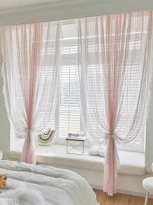 NewWPKIRA 2 Panels Princess Style Pink Embroidery Sheer Curtains With Beaded Lace Rod Pocket Top - 粉色 - 查看 4