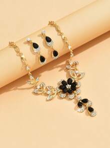 3pcs Women's Necklace & Earrings Set, Beautiful Flower Design Studded With Water Rhinestones, Black Water Droplet Tassel Necklace, Elegant & Exquisite Collarbone Chain, Shiny Party Gift Valentines,Mom,Mother,Mother's Day,Gift
