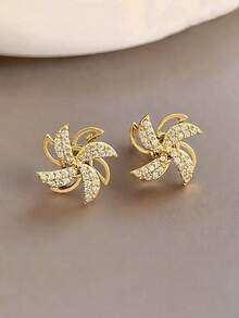 1pair Women's Elegant Rotary Windmill Design Stud Earrings, Chic & Unique - Yellow Gold - View 4