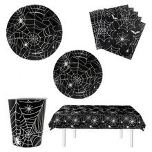 Đồ trang trí Halloween Bộ đồ ăn Mạng nhện đen Bộ đồ ăn 2 CÁI Đĩa 7 inch 12 CÁI Đĩa 9 inch 12 CÁI Cốc 24 CÁI Khăn giấy 1 cái Khăn trải bàn cho Halloween Trang trí tiệc sinh nhật, Giáng sinh - màu đen - Xem 7