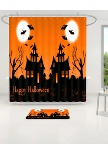 1 件/4 件万圣节城堡和蝙蝠多功能浴室装饰套装，包括防水浴帘 12 个挂钩、防滑浴垫、U 型马桶垫、马桶盖套 - 适用于整个浴室 - 彩色 - 查看 5