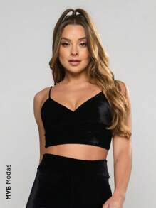 Cropped Velvet Spaghetti Strap Women's Blouse Glitter T-Shirt MVB Modas - Preto Veludo - Xem 1