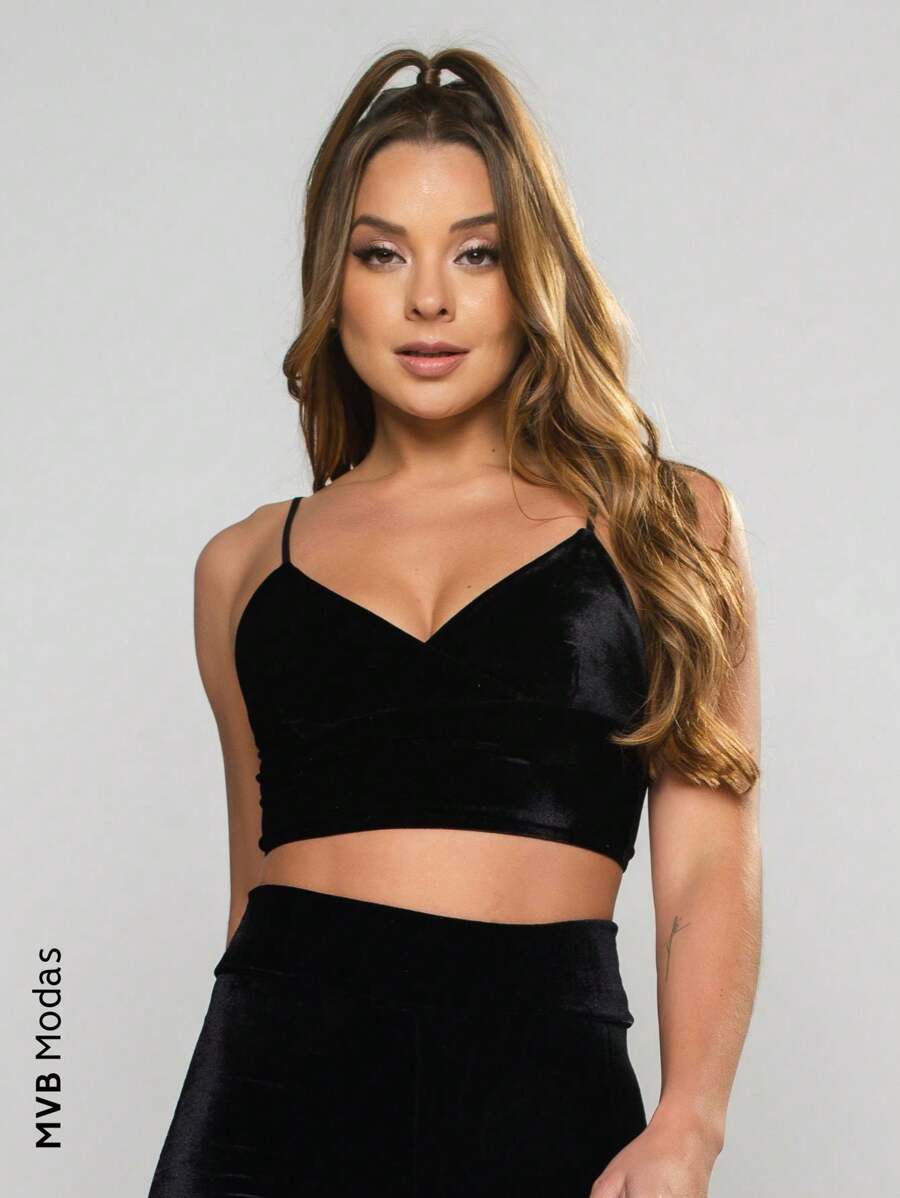 Cropped Velvet Spaghetti Strap Women's Blouse Glitter T-Shirt MVB Modas - Preto Veludo - Xem 1