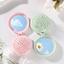 1pc Foldable Air Cushion Comb Massage Comb Makeup Mirror Compact Portable Pocket Mini Air Cushion Comb For Women - Multicolor - View 4