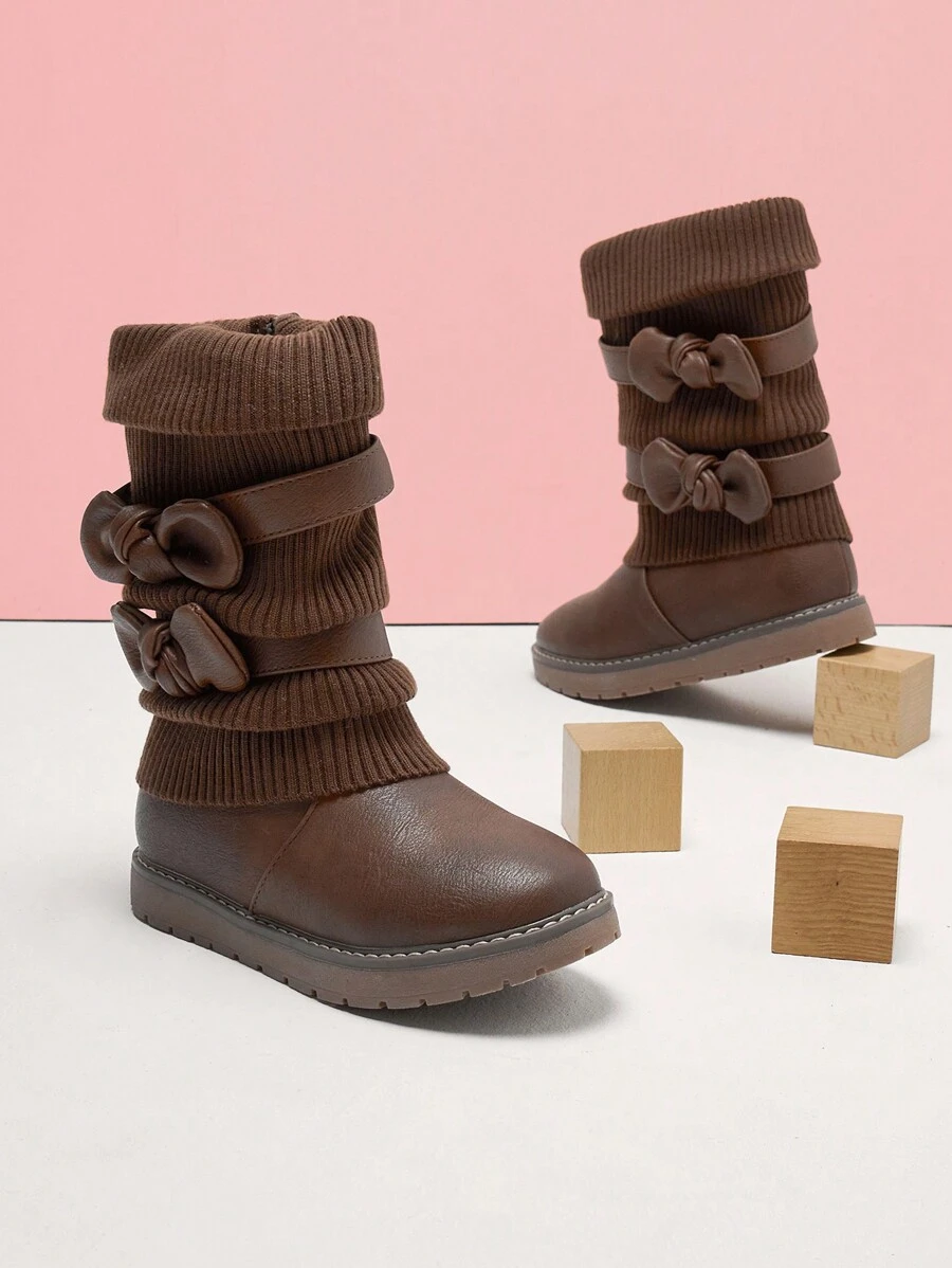 Girl's Mid Calf Snow Boots With Bow, Lined Warm & Comfortable Winter Boots - 棕色 - 查看 1