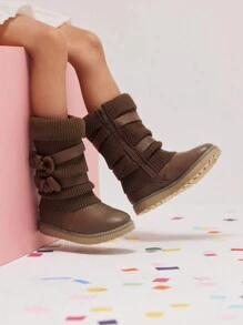 Girl's Mid Calf Snow Boots With Bow, Lined Warm & Comfortable Winter Boots - 棕色 - 查看 3
