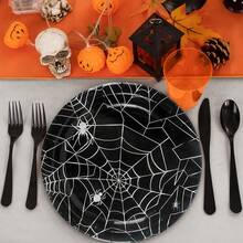 Đồ trang trí Halloween Bộ đồ ăn Mạng nhện đen Bộ đồ ăn 2 CÁI Đĩa 7 inch 12 CÁI Đĩa 9 inch 12 CÁI Cốc 24 CÁI Khăn giấy 1 cái Khăn trải bàn cho Halloween Trang trí tiệc sinh nhật, Giáng sinh - màu đen - Xem 3