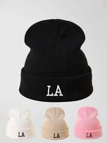 1pc Women's Fashionable 3D "I" Embroidered LA Knit Beanie Hat, Warm Accessory For Fall/Winter - Multicolor - View 1