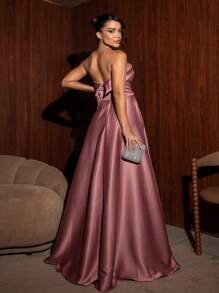 Long Bridesmaid Prom Debutante Party Dress Strapless Princess Style In Luxurious Satin-Free Fabric - 乾枯玫瑰色 - 查看 2