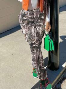 Multi-Color Printed Straight Leg High Waist Casual Cargo Pants With Pockets - 咖啡棕 - 查看 3