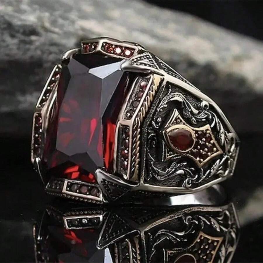 Anillo sello retro hecho a mano, anillo grabado de plata antigua unisex con circonita roja y amarilla, estilo punk motociclista - Rojo - Ver 1