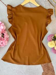 Women's Blouse Top Short Sleeve Ruffle Good Quality - 棕色 - 查看 2