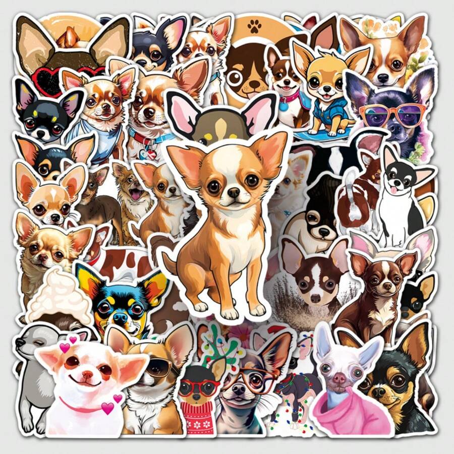 50 piezas de calcomanías impermeables con diseño de perros chihuahua lindos, pegatinas/calcomanías/carteles de mascotas de dibujos animados, calcomanías de bocetos dibujados a mano, calcomanías hechas a mano creativas, calcomanías de moda y amor, para decorar teléfono/computadora portátil/tableta/reloj/monopatín/regalos/motocicleta/refrigerador/autos - Marrón Chocolate - Ver 1