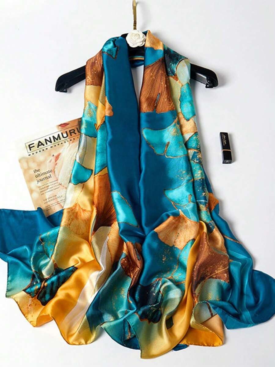 1pc Women's Korean Style Elegant Color Block Printed Long Scarf, Smooth Silk-Like Lightweight Sun Protection Shawl, Suitable For Daily Life Accessories Women, Beach, Holiday, Travel Essential