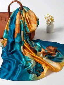 1pc Women's Korean Style Elegant Color Block Printed Long Scarf, Smooth Silk-Like Lightweight Sun Protection Shawl, Suitable For Daily Life Accessories Women, Beach, Holiday, Travel Essential - Yellow Blue - View 4