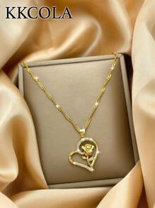 KKCOLA 1 chiếc vòng cổ trái tim đính đá và hoa trang trí bằng đồng trang sức ngày lễ tình nhân, mẹ, mẹ, ngày của mẹ, quà tặng - Vàng - Xem 4