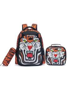 3 件儿童时尚 3D 卡通人物背包套装，带午餐盒和铅笔盒，加垫透气肩带和背板，包括毛绒吊坠，适合上学、旅行、徒步旅行、露营、最佳返校、生日礼物套装 - 虎紋黑 - 查看 1