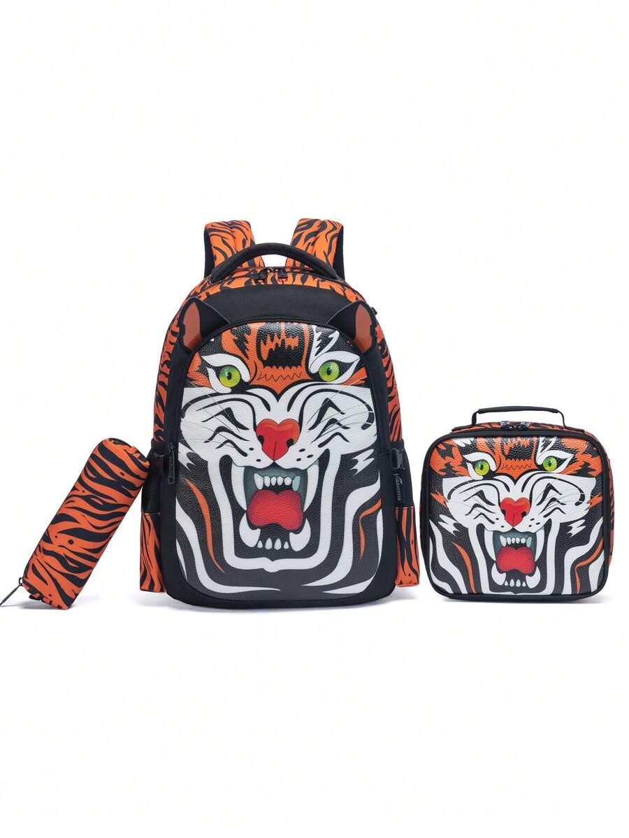3 件儿童时尚 3D 卡通人物背包套装，带午餐盒和铅笔盒，加垫透气肩带和背板，包括毛绒吊坠，适合上学、旅行、徒步旅行、露营、最佳返校、生日礼物套装 - 虎紋黑 - 查看 1