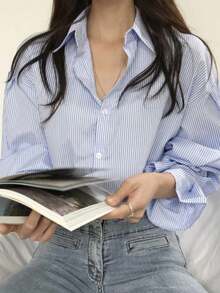 Camisa informal de señora con mangas largas acampanadas blusa con estampado de rayas con botón delantero - Azul - Ver 3