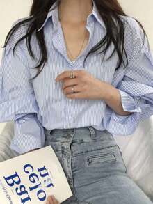 Camisa informal de señora con mangas largas acampanadas blusa con estampado de rayas con botón delantero - Azul - Ver 2