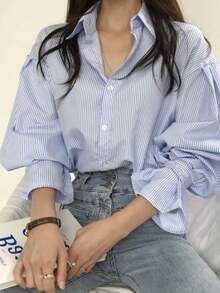 Camisa informal de señora con mangas largas acampanadas blusa con estampado de rayas con botón delantero - Azul - Ver 4