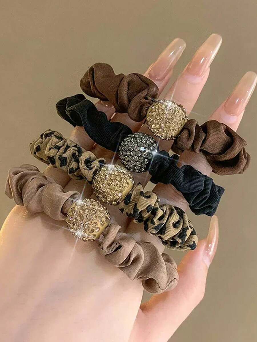 4pcs/Set Women's Leopard Print Bejeweled Ball Elastic Hair Ties, Black Stylish Hair Scrunchies Ponytail Holders, Rubber Band, Hair Rope Hair Accessories Head Accessories Elastic Band - Multicolor - View 1